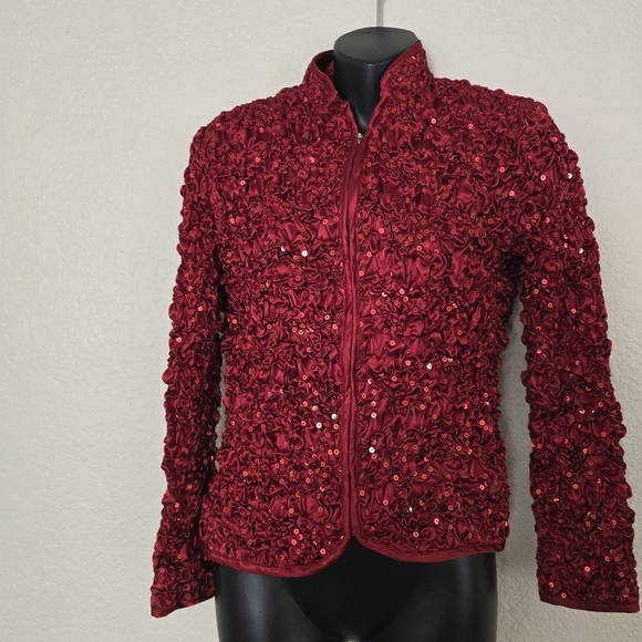 Msk Evenings Rusched Red Sparkle Sequin Stretchy Jacket Small - Picture 2 of 10